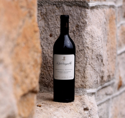 Single bottle of red wine on stone