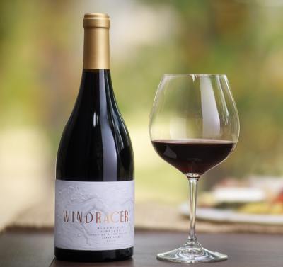 Single bottle of 2018 WindRacer Bloomfield Pinot Noir - Beauty Shot