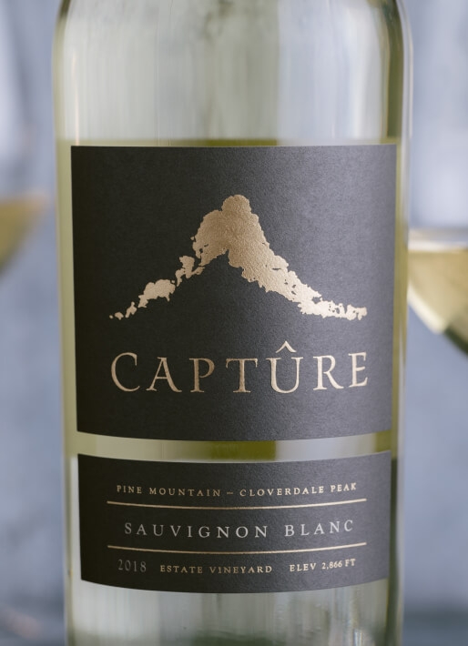 Bottle of white wine with a light background and two glasses of wine
