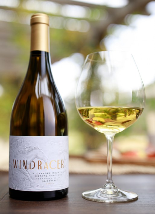 Single bottle of 2018 WindRacer Alexander Mtn Chardonnay - Beauty Shot