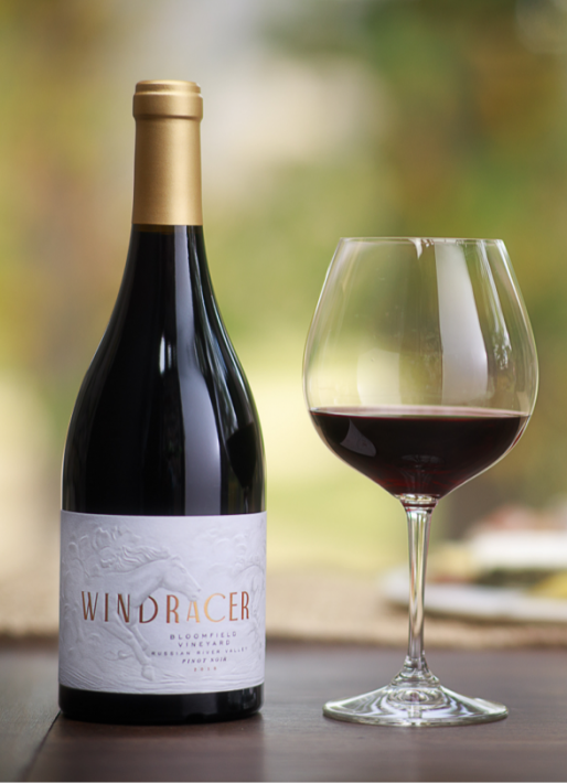 Single bottle of 2018 WindRacer Bloomfield Pinot Noir - Beauty Shot