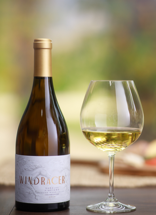 Single bottle of 2018 WindRacer Saralee Chardonnay - Beauty Shot