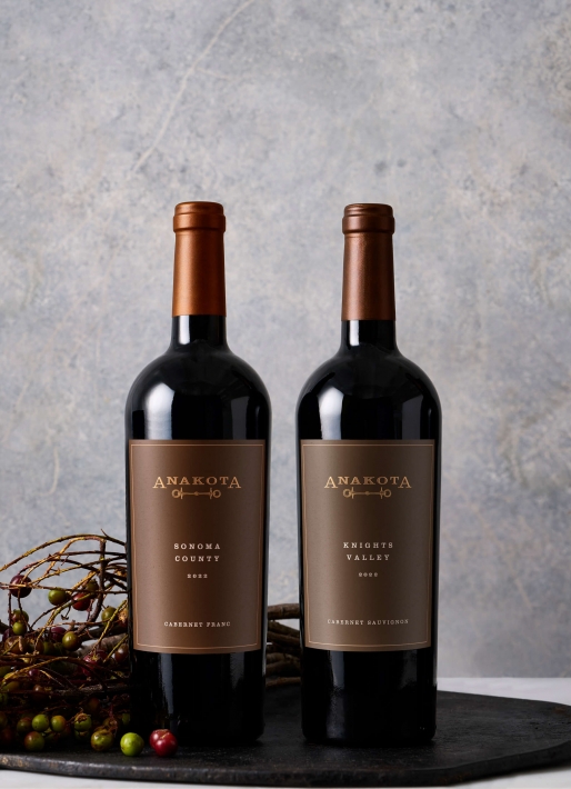 Two bottles of wine against a slate gray background